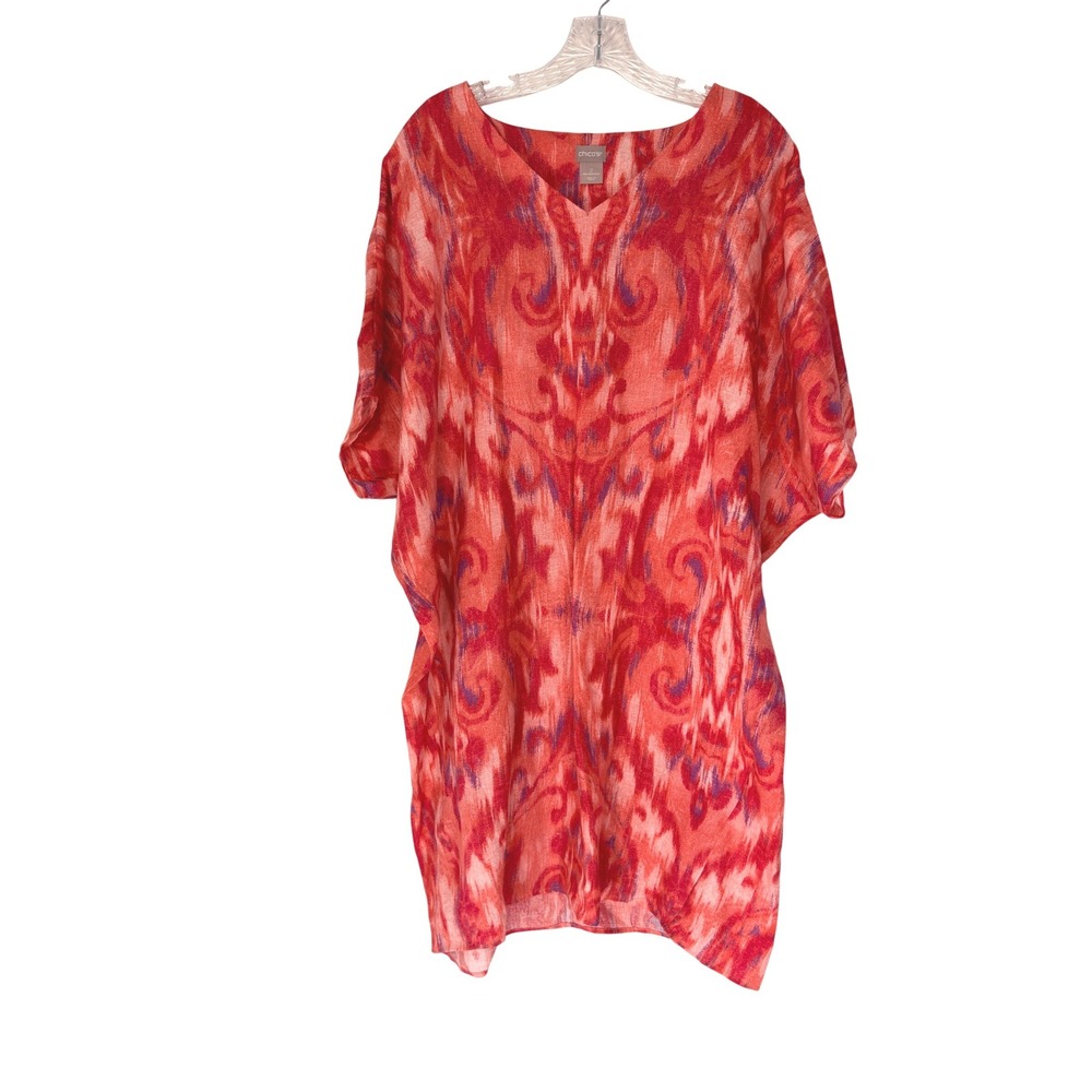 Chico's Linen Tunic Dress Pink Orange‎ Watercolor Short Sleeve Lagenlook 12/14